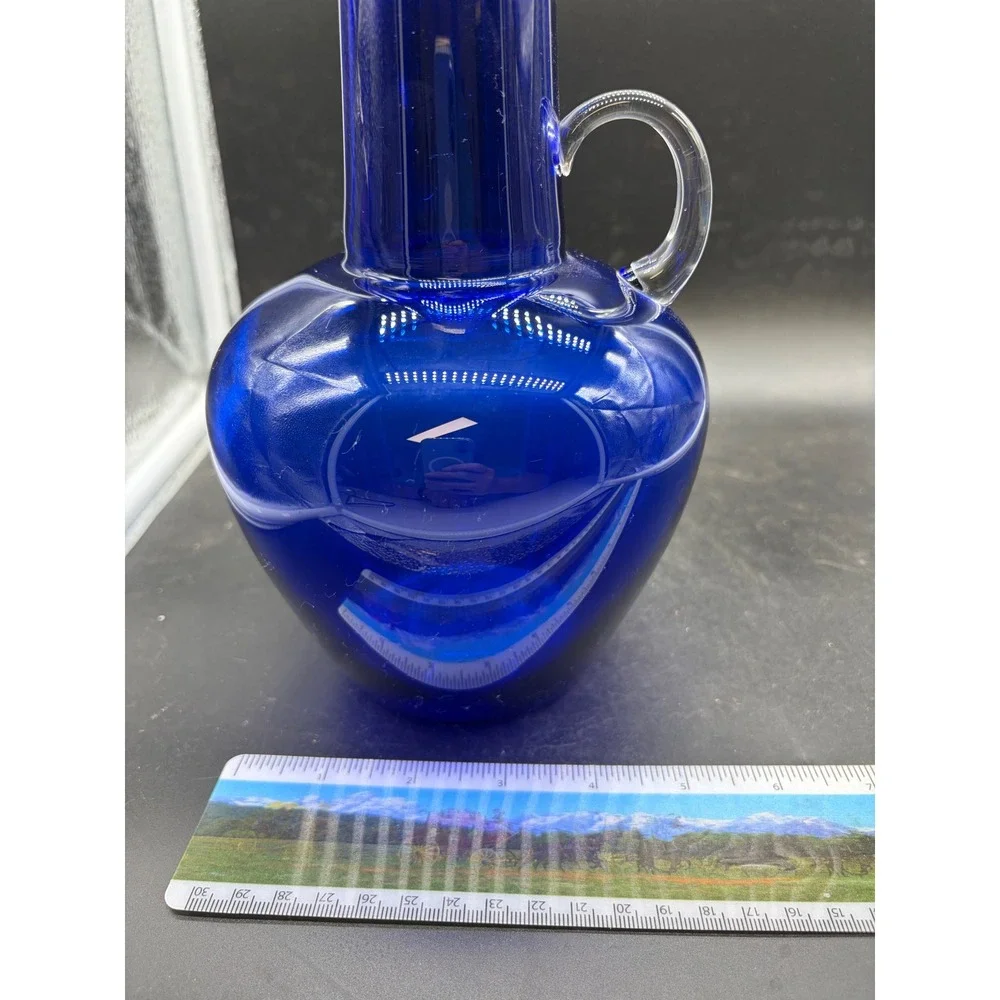 Norsk Glass Cobalt Blue Handblown Pitcher Norway Vintage Glass Carafe 8.5